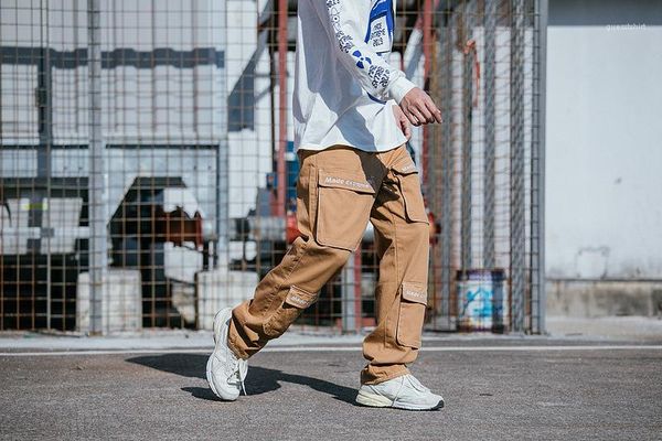 

hiphop skateboard straight loose pants mens spring new ss19 cargo pants big pockets casual, Black