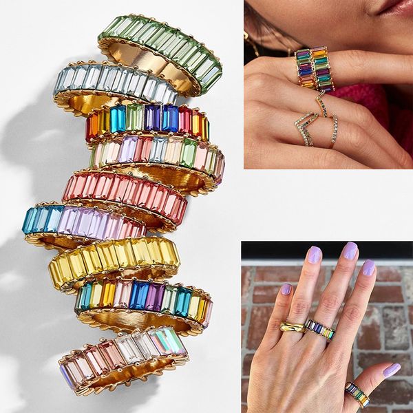 

thin baguette t ring engagement handmade rainbow trapezoid stone rings for women fashion finger accessories anel wedding band, Golden;silver