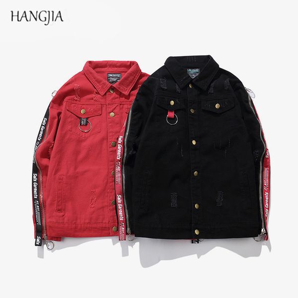

hangjia] men 's side zippers ribbon design black/red slim fit denim jacket 2017 tide high street patch holes hip-hop jackets, Black;brown