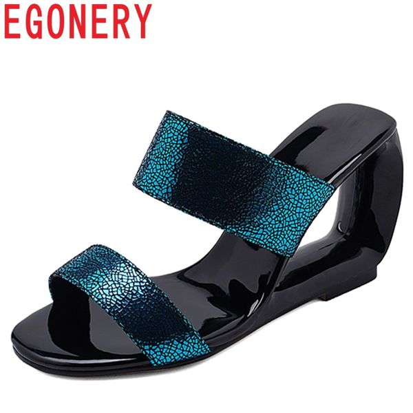 

egonery woman slippers synthetic leather fashion shoes open toe summer high fretwork heel mules wedges outside slides plus size, Black