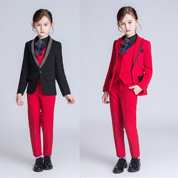 

yuanlu 2020 kids suit for girls blazer jacket for wedding party piano christmas silm fit costume children clothes red/black