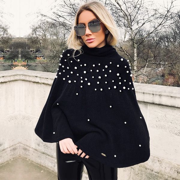 

designer sweater turtleneck knitted winter sweater women knit loose pullover jumper pull femme pearl beaded oversized sweater cape, White;black