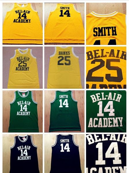 

stitched movie the fresh prince of bel-air #14 will smith academy 25 carlton banks black green yellow basketball jersey embroidered stitched
