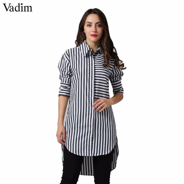 

вадим шикарный случайный полосатый свободной длинная блуза три четверти рукава высоких уличный поворота вниз воротник рубашка женщин негабар, White