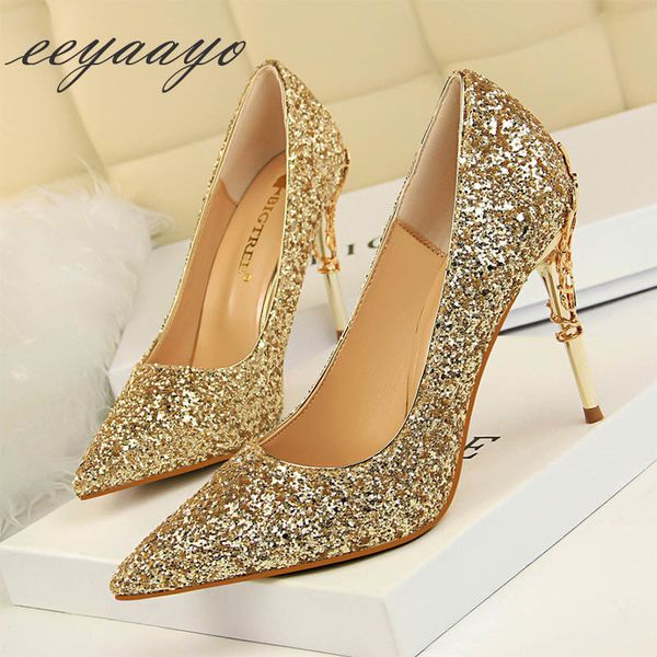 

2019 new spring women pumps high thin heels pointed toe metal decoration bling bridal wedding women shoes gold high heels t02, Black