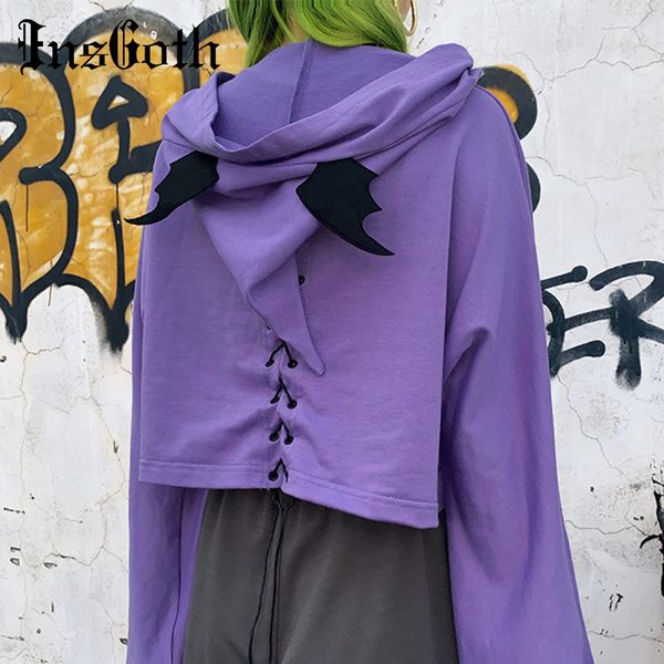 

insgoth женщины crop пиджаков streetwear harajuku demon лоскутной бинты женских толстовки halloween party женской толстовка, Black