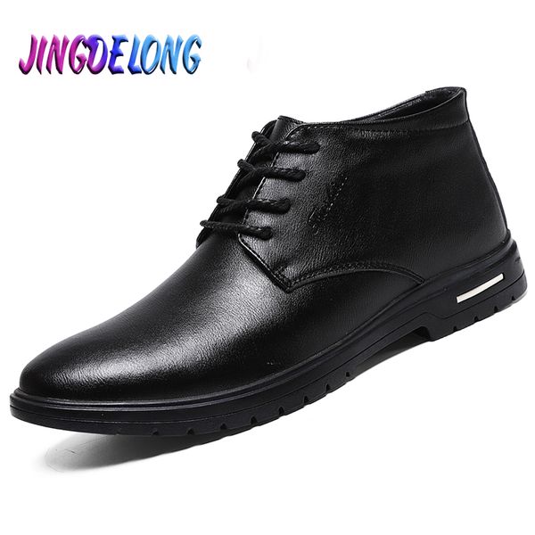 

classic men's winter boots leather men ankle boots thick plush warm winter snow comfortable non-slip man shoe, Black
