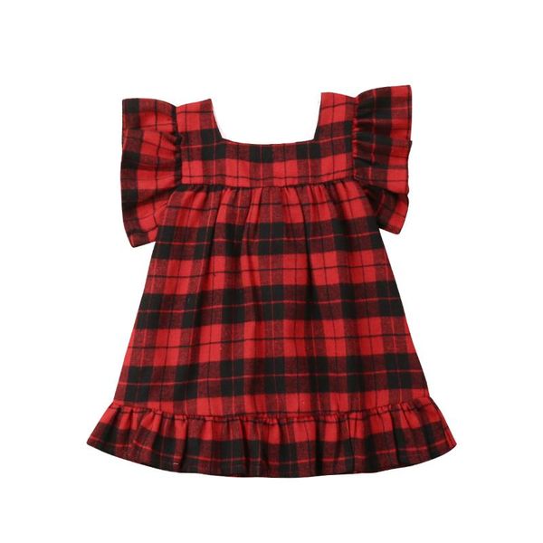 

1-6y лето довольно малышей дети девочки платье складки рукава плед bowknot красный плед straight колен платье, Red;yellow