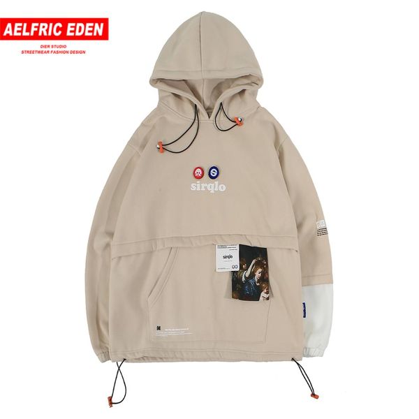 

aelfric eden patchwork front pockets hoodies mens autumn harajuku streetwear hip hop casual pullover fashion hooded sweatshirts, Black