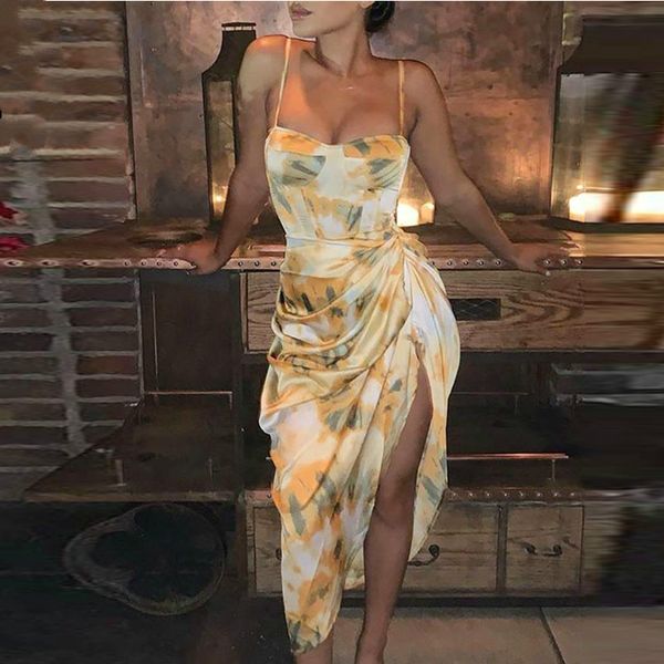 

Februaryfrost 2020 Women Sexy Spaghetti Strap Abstract Print High Slit Ruched Dress Stretch Sleeveless Night Club Party Boho Beach Dress