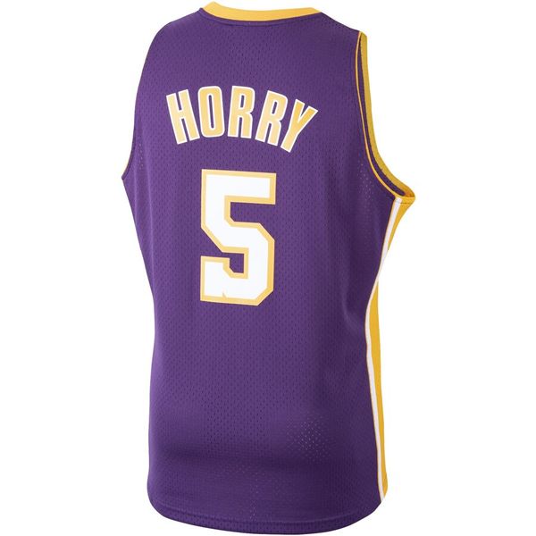 

men los angeles lakers 5 robert horry mitchell & ness purple 1999-2000 hardwoods classics swingman player jersey, Black;red