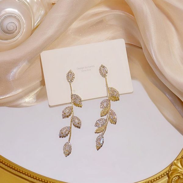 

retro golden long tassel leaf crystal zircon pendientes earrings for woman aesthetic jewelry wholesale accessories 2020, Silver