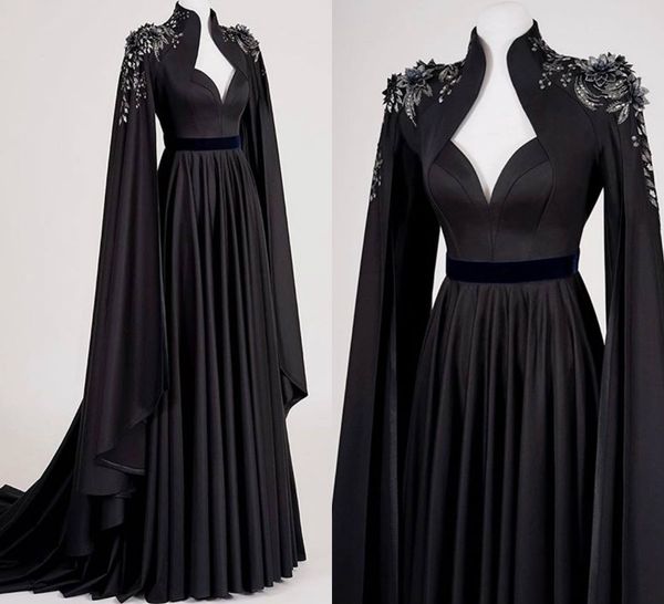 

black evening dresses with wrap satin handmade flowers beaded a line prom dress sweep train receiption party gowns