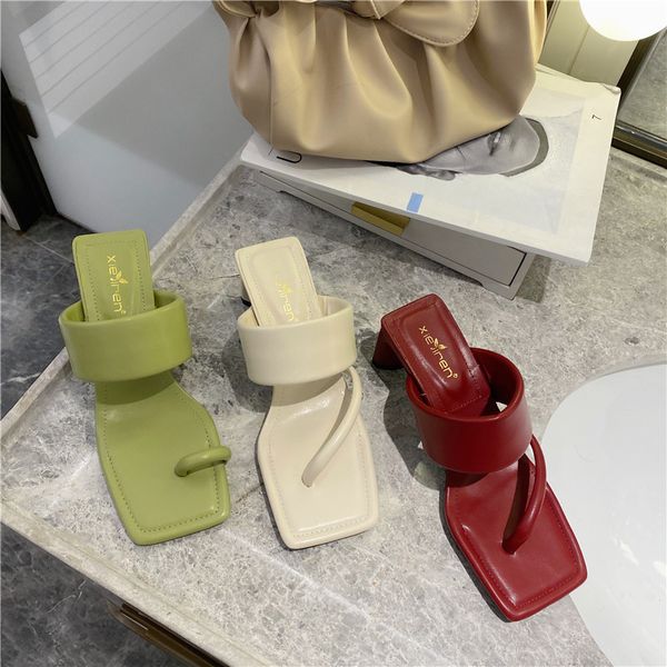 

low female shoes square toe slippers heels luxury slides rubber flip flops shose women 2020 block soft high designer hawaiian, Black