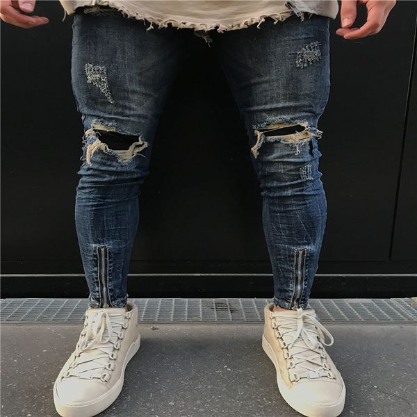

новые люди мода колено hole джинсы мужской ripped упругие брюки оптовые продажи горячих джинсы denim pant мужские, Blue