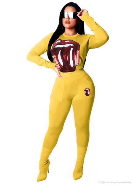 

women fashion eyes printed suits big tongue designer tracksuits 2pcs clothing sets tshirts pants, Gray
