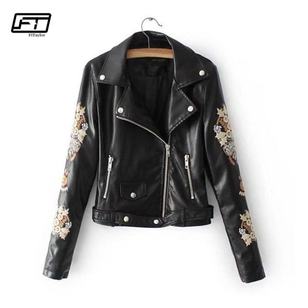 

fitaylor women faux pu leather jacket coat spring autumn embroidery floral print zipper rivets leather punk outerwear, Black