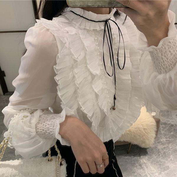 

new fashion 2019 designer shirt women's ruffles front blouse top, White