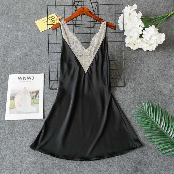 

nightdress ladies charming fashion strap nightdress ice silk hollow backless loose lace skirt home service sleepwear, Black;red