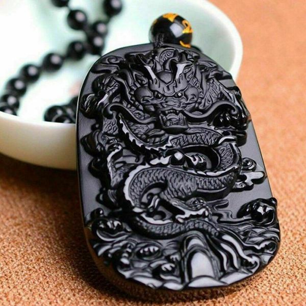 

chinese faux obsidian carved dragon pendant necklace chain feng shui ornament new, Silver