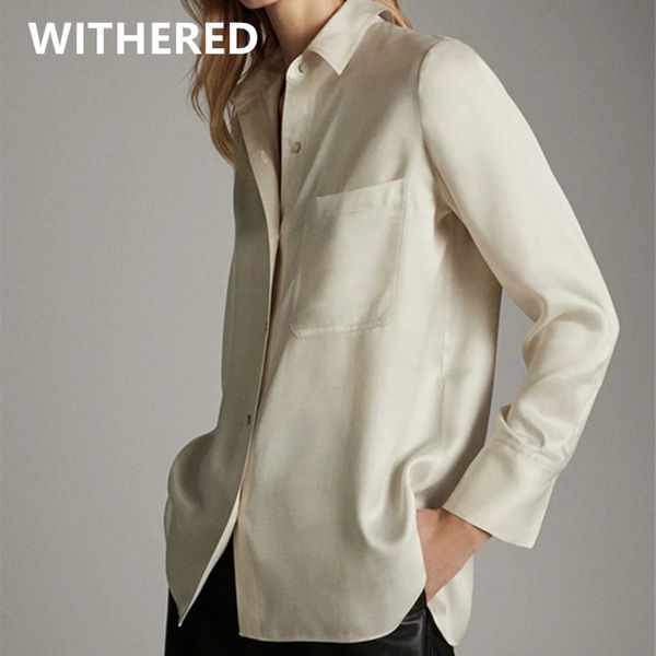 

увядшая англия стиль офис леди простой атлас карманы свободные блузки женщины blusas mujer de moda 2020 кимоно рубашка женские топы, White