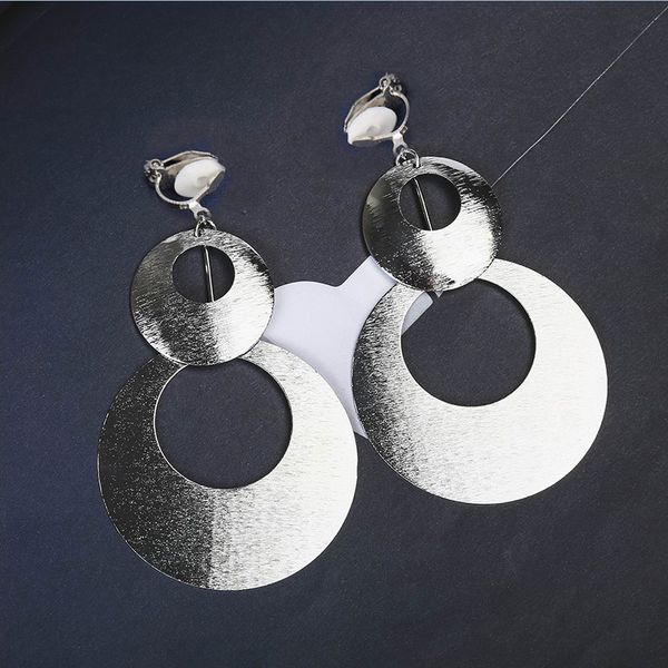 

grace jun new design personality european and american large double circle clip on earrings for female party wedding bijouterie, Silver