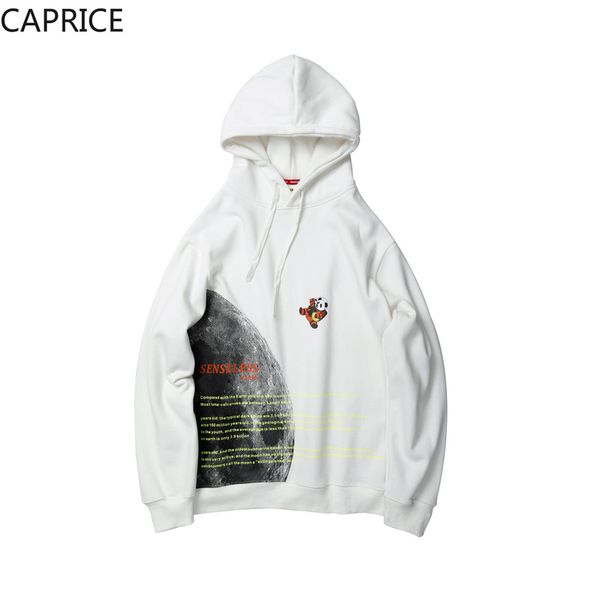 

hip hop space panda moon print fleece hoodies sweatshirts streetwear 2019 men fashion harajuku casual hooded hoodie, Black