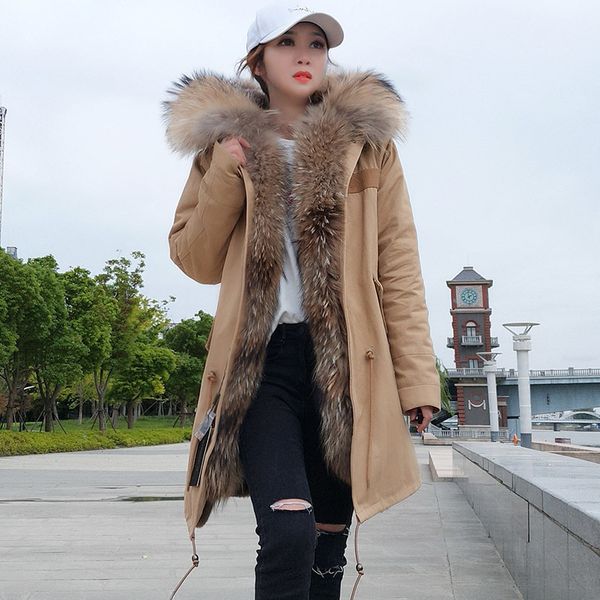 

fashion long winter jacket coat women snow outwear thick parkas warm real raccoon fur collar hooded coat -40 degrees overcoat, Black