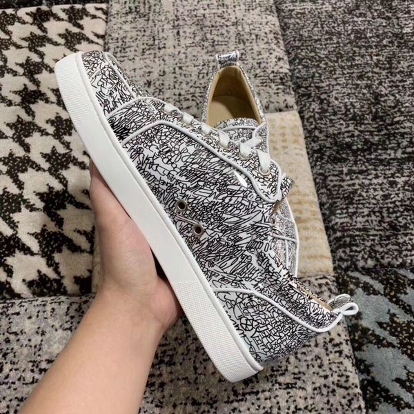 

горячая распродажа-orlato мужские повседневные плоские мужские дизайнерские кроссовки с низким верхом граффити лакированная кожа красное дно, Black