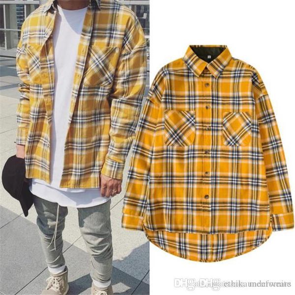 

хип-хоп мужчины повседневные рубашки желтый плед печатный с длинным рукавом отложным воротником свободные мужские рубашки повседневные одноб, White;black