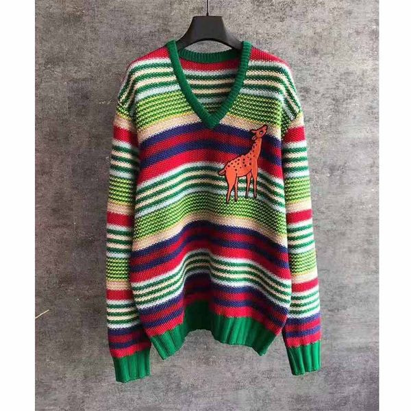 

cosmicchic women wool color stripe pullovers sweater v neck rainbow knitted embroidery deer casual knitted autumn winter, White;black