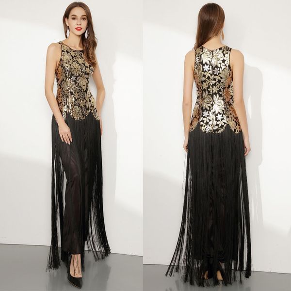 

новая длинная мода кисточкой шить сетки вышитые блестки вечернее платье, Black;gray