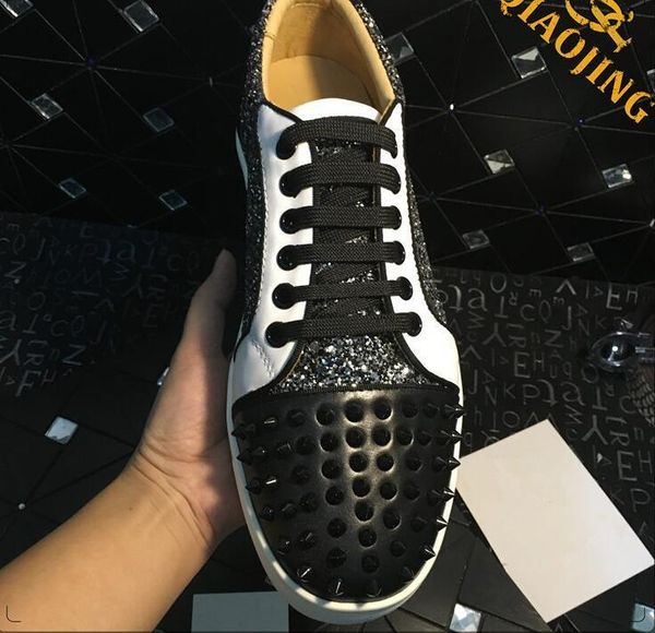 

drop ship low grey glitter& spikes casual flats red bottom shoe new for men and women party designer sneakers lovers genuine leather d09, Black