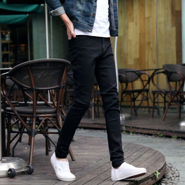

men casual slim washed denim jeans long straight skinny pants pencil trousers, Blue
