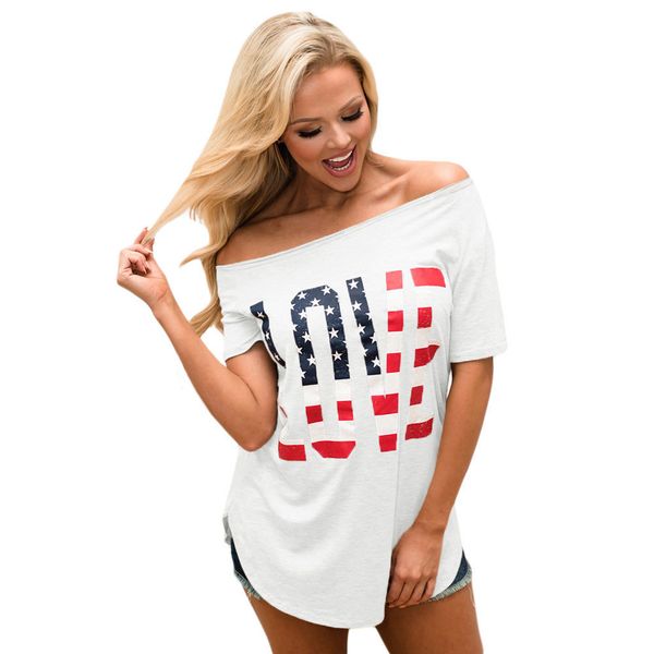 

slash neck american flag printed t shirt short sleeve casual cotton tees love letter off the shoulder for women, White