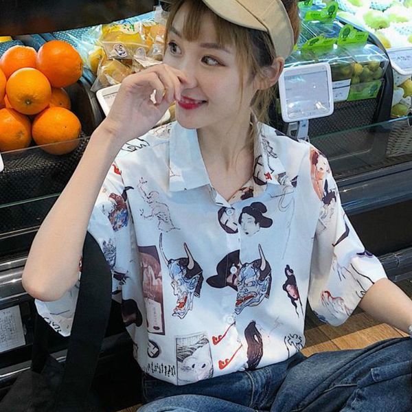 

summer new harajuku ulzzang women blouses vintage short sleeve turn-down collar blusas mujer cartoon print streetwear shirts, White