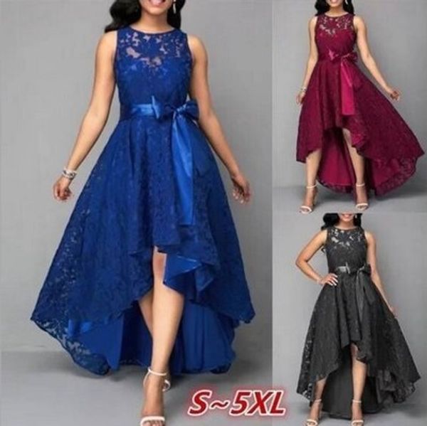 

5 colors plus size 3xl women lace party dress joineles high low irregular women dress round neck sleeveless belts party vestidos, Black;gray