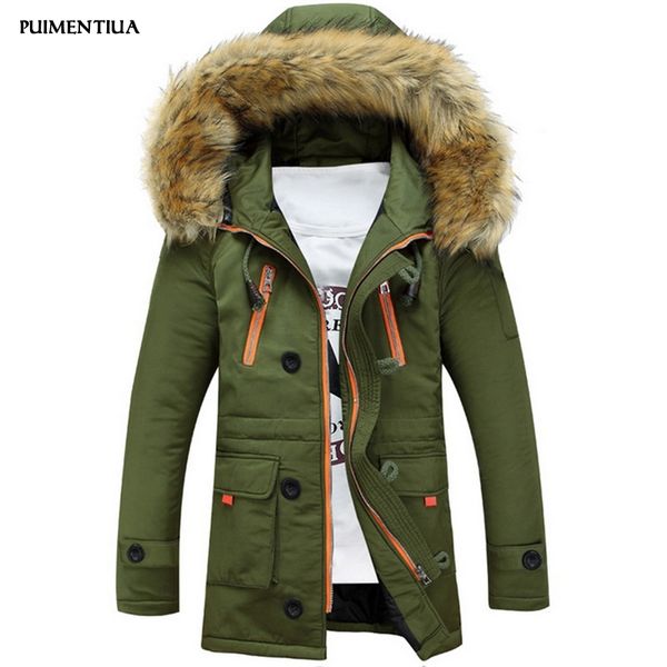 

puimentiua 2019 men winter jacket men's coat homme outerwear fur collar casual long cotton wadded male hooded coat warm coats, Tan;black