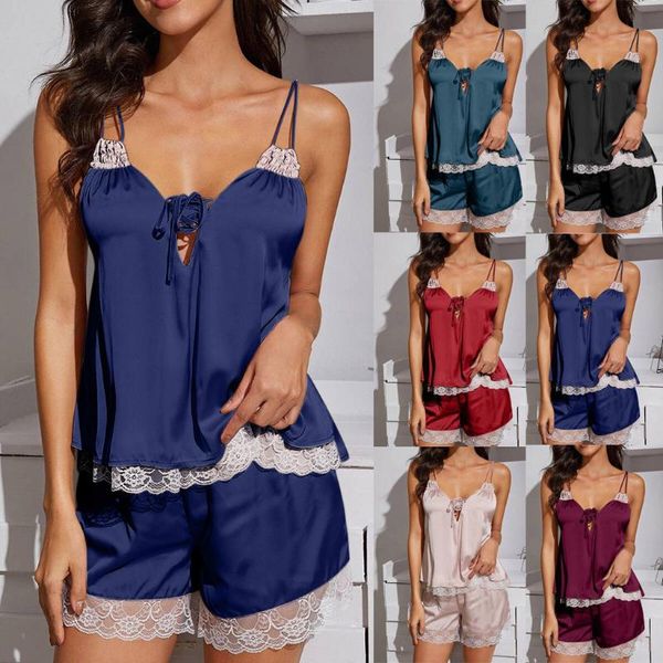 

clothes women v-neck lace sleeveless sleepwear stain camisole pajamas bowknot shorts set vestido para dormir w5, Black;red