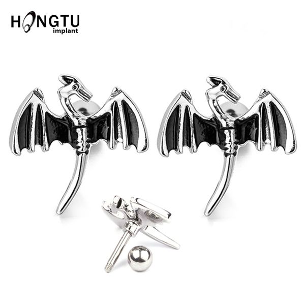 

ухо 1pair мода летающий дракон stud купер хрящ серьги 16g пронзительный ювелирные изделия мужской лепестка серьги шпилька нержавеющая сталь, Slivery;golden