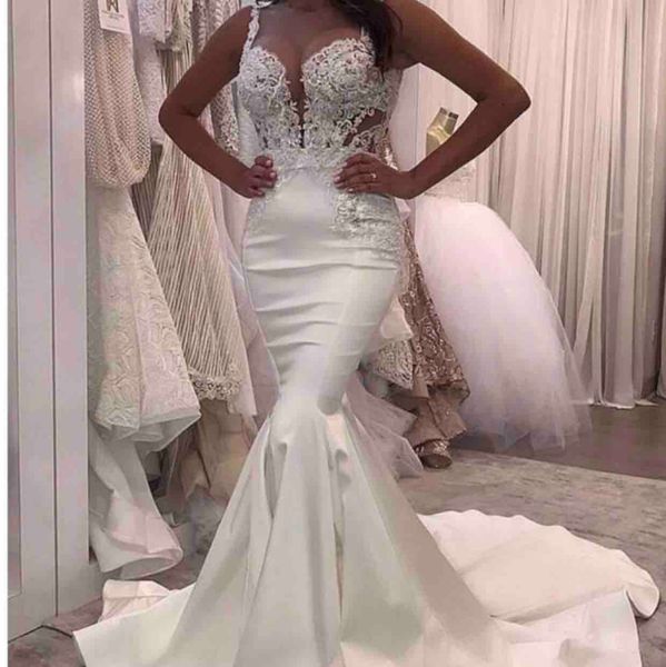 

new arabic mermaid wedding dresses spaghetti straps lace appliques beads illusion wedding guest dress plus size custom formal bridal gowns, White