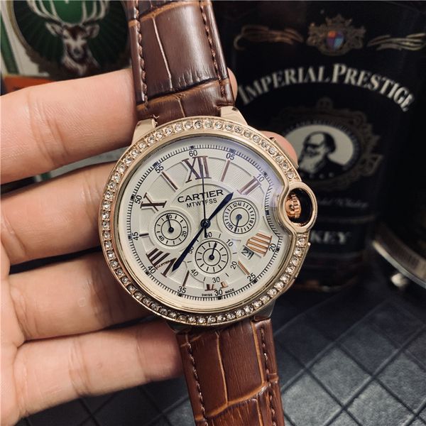 

luxury diamond men watch brand fashion leather strap wrist watch chronograph army military waterproof quartz watches relogio masculino, Slivery;brown