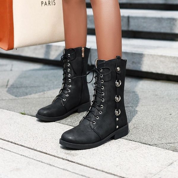 

women ankle boots chaussure gladiator booties warm low heels lace up vintage pu leather shoes woman zapatos mujer sapato h1035, Black