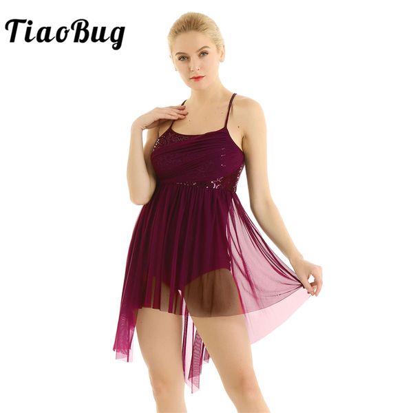 

tiaobug women dancewear shiny sequins spaghetti straps mesh ballet dress gymnastics leotard performance lyrical dance costumes, Black;red