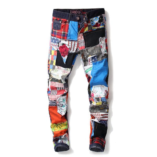 

new designer brand fashion designer button jeans men straight colorful fabric patchowrk printed mens jeans ripped, Blue