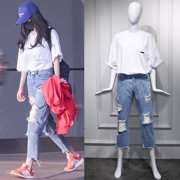 

light-colored jeans with holes and loose casual jeans + white t-shirt, Blue