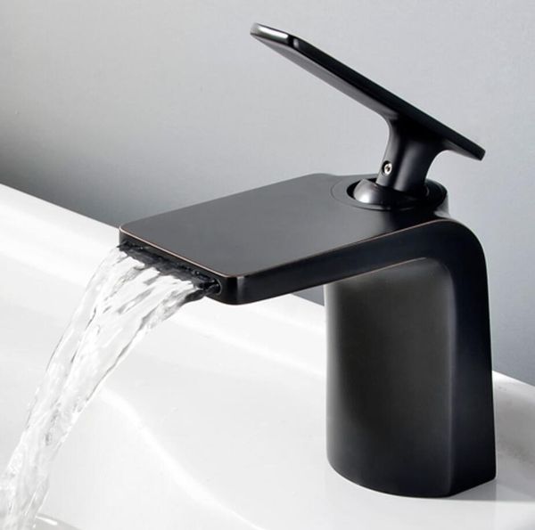 

deck mounted waterfall basin mixer faucet tap single handle black finish bathroom mixer cold brass faucet