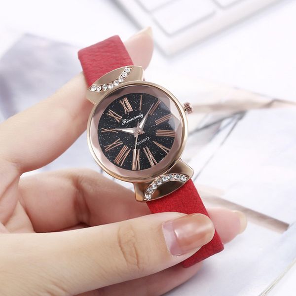 

student belt watch creative lady roman star watch fashion women watches montre femme luxury red leather quartz wristwatch, Slivery;brown