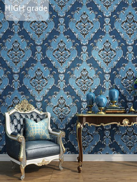 

european style 3d three-dimensional luxury high-end bedroom living room wallpaper atmospheric non-woven damascus blue wall paper