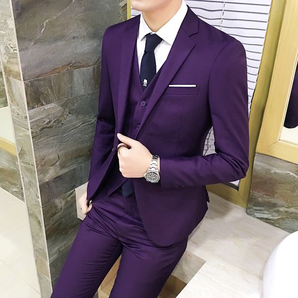 

new noble purple men's suit bussiness wedding dress groom men costume jacket vest pants 3 piece set slim fit mens suits, White;black